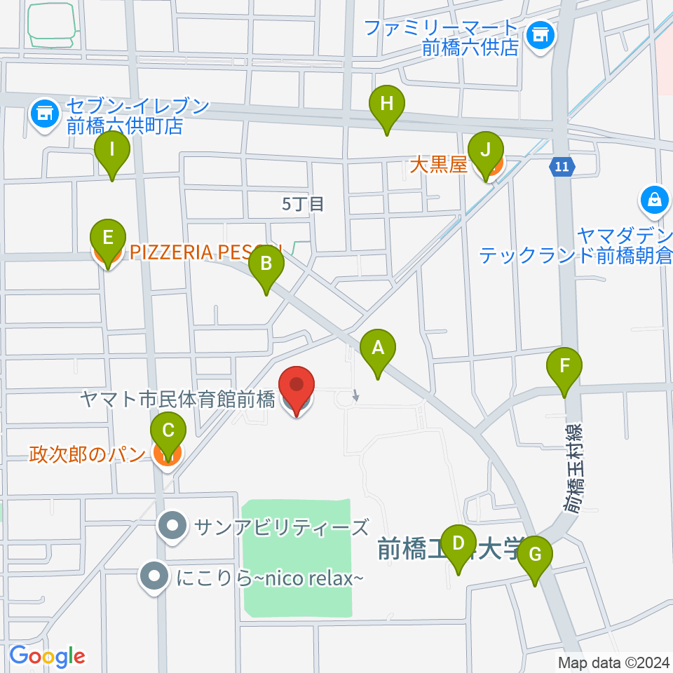 ヤマト市民体育館前橋周辺のファミレス・ファーストフード一覧地図