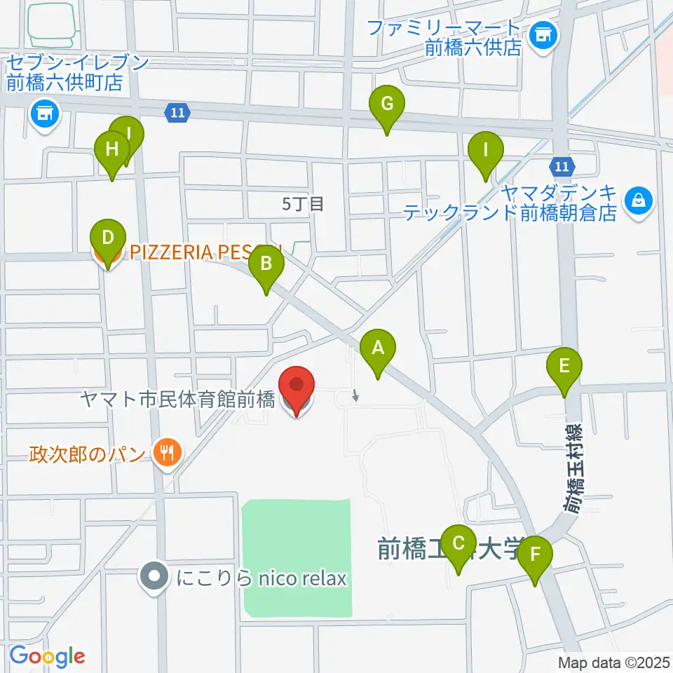 ヤマト市民体育館前橋周辺のファミレス・ファーストフード一覧地図