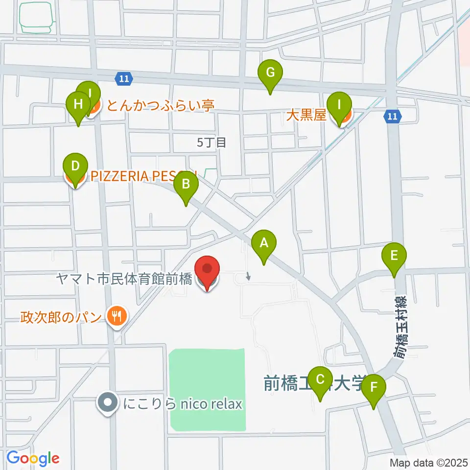 ヤマト市民体育館前橋周辺のファミレス・ファーストフード一覧地図