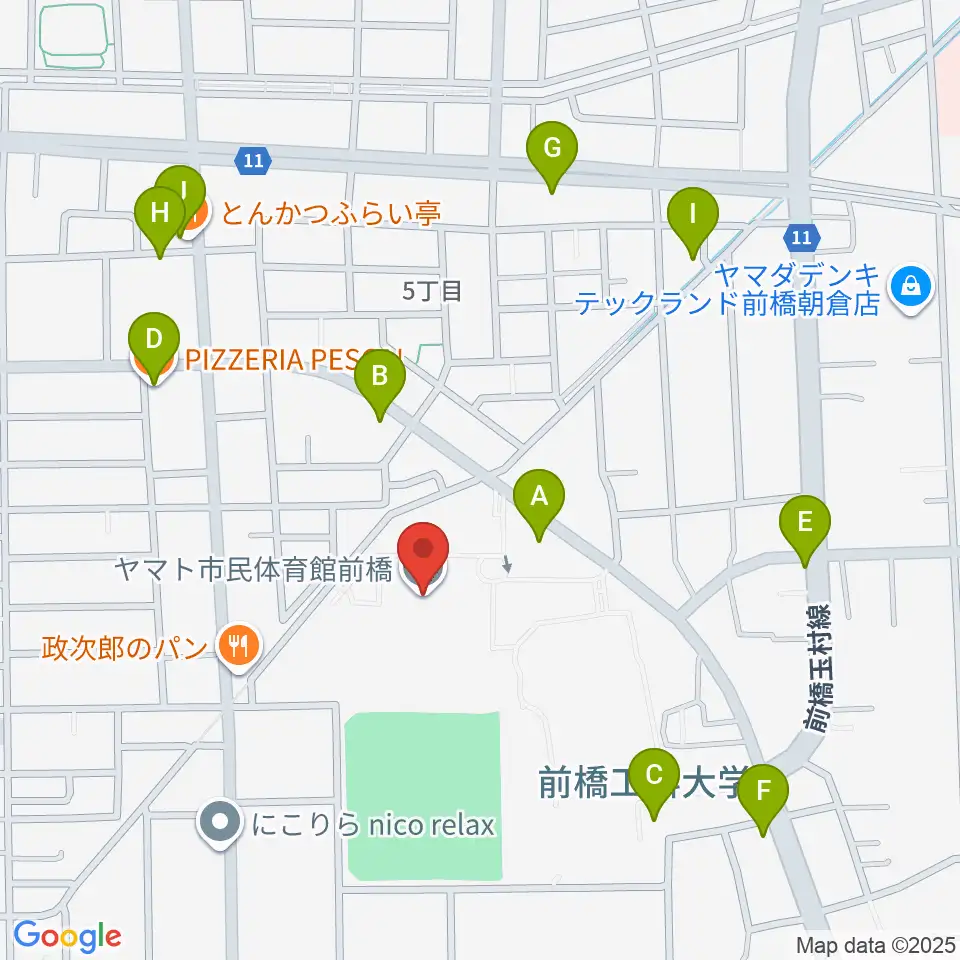 ヤマト市民体育館前橋周辺のファミレス・ファーストフード一覧地図