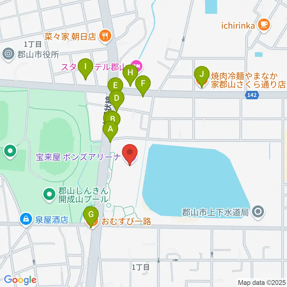 宝来屋 ボンズアリーナ周辺のファミレス・ファーストフード一覧地図