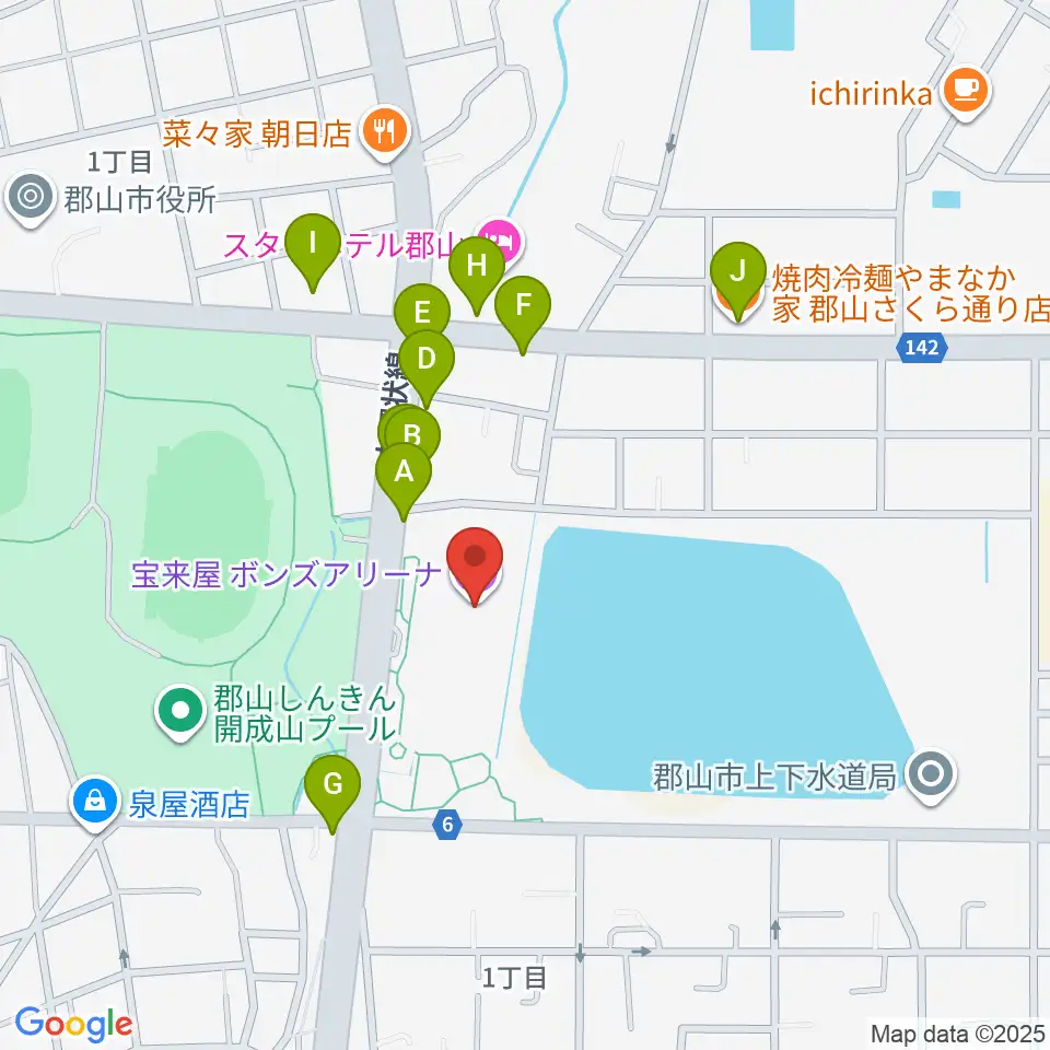 宝来屋 ボンズアリーナ周辺のファミレス・ファーストフード一覧地図