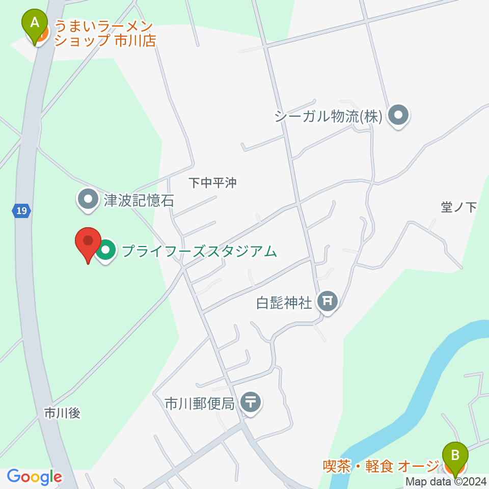 プライフーズスタジアム周辺のファミレス・ファーストフード一覧地図