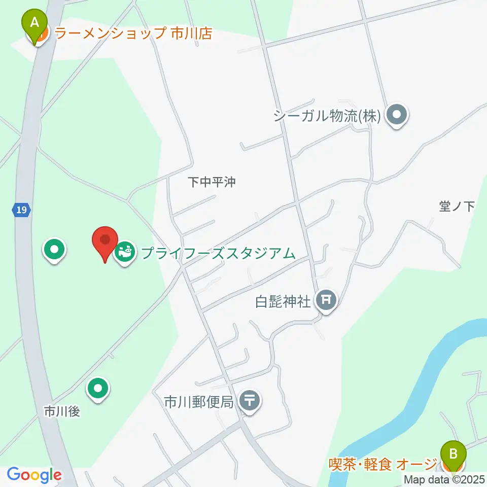 プライフーズスタジアム周辺のファミレス・ファーストフード一覧地図