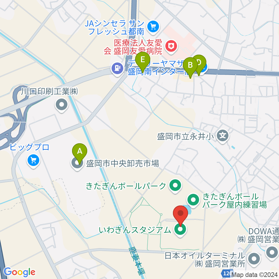 いわぎんスタジアム周辺のファミレス・ファーストフード一覧地図