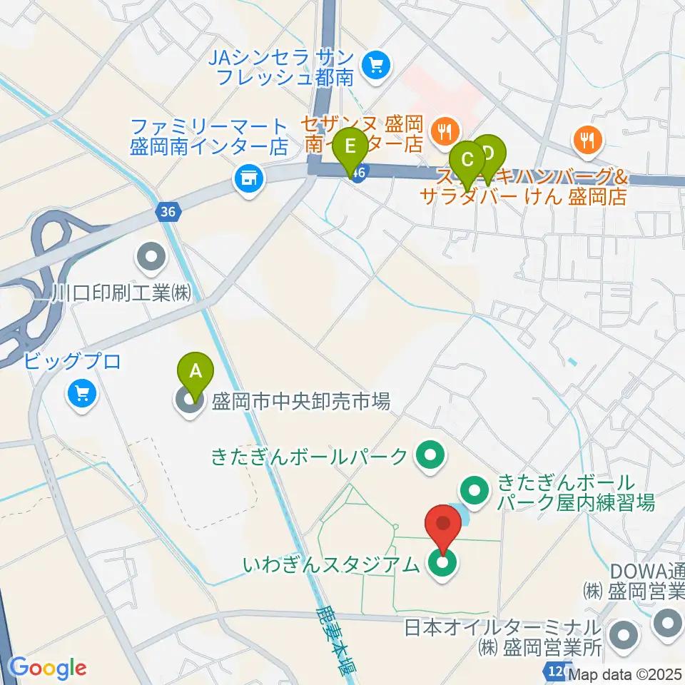 いわぎんスタジアム周辺のファミレス・ファーストフード一覧地図