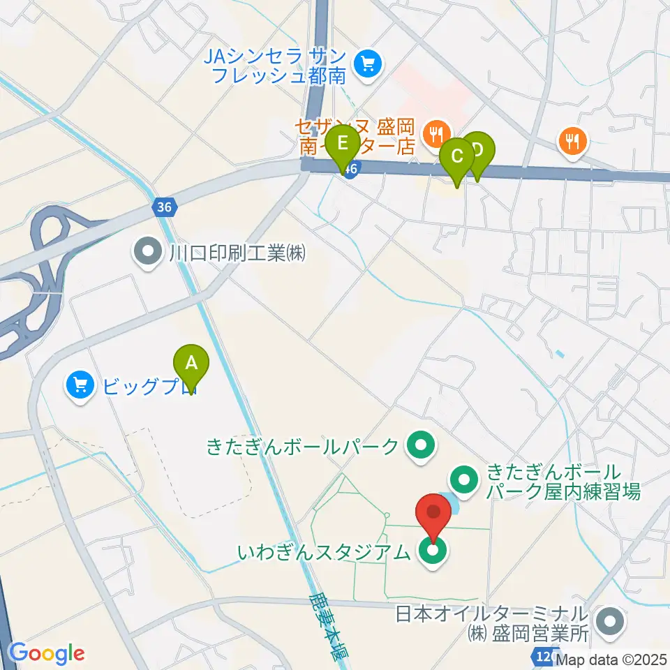 いわぎんスタジアム周辺のファミレス・ファーストフード一覧地図