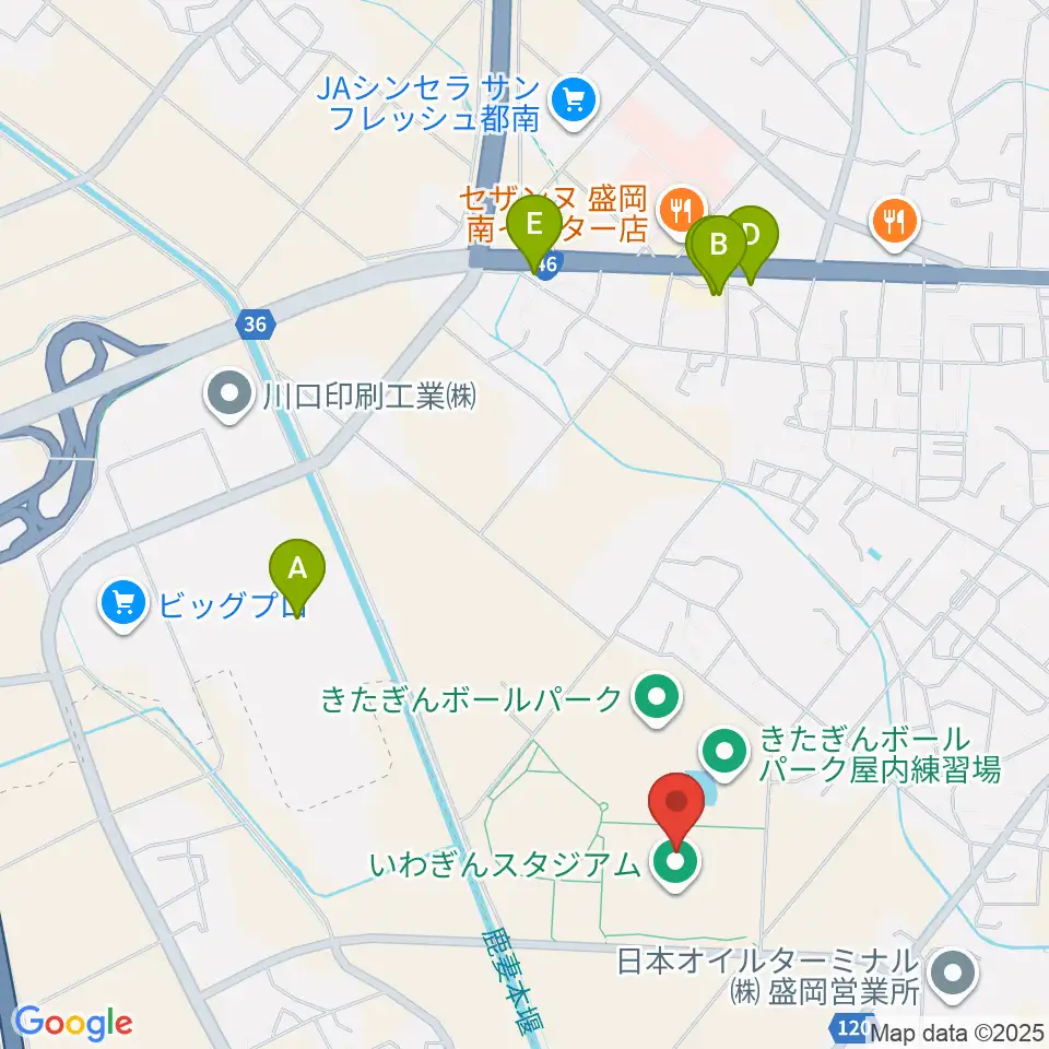 いわぎんスタジアム周辺のファミレス・ファーストフード一覧地図