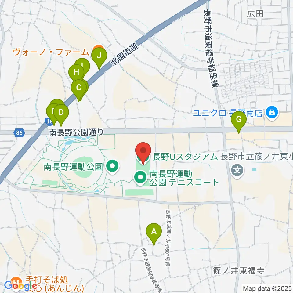 長野Uスタジアム周辺のファミレス・ファーストフード一覧地図