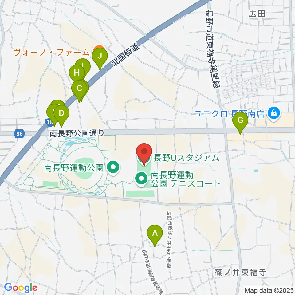 長野Uスタジアム周辺のファミレス・ファーストフード一覧地図