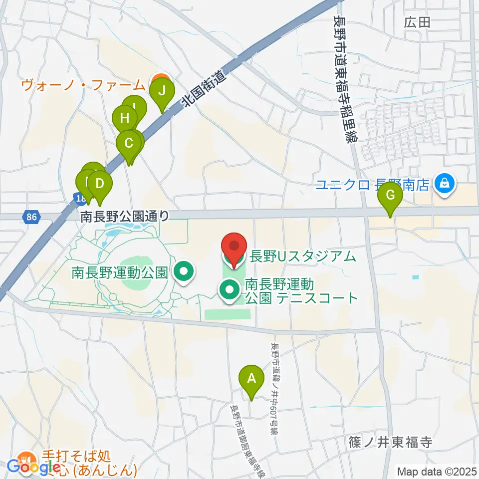 長野Uスタジアム周辺のファミレス・ファーストフード一覧地図
