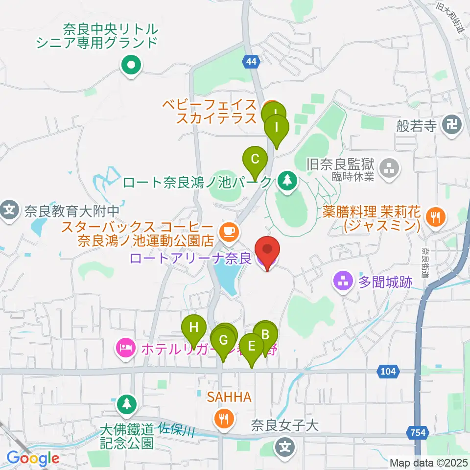 ロートアリーナ奈良周辺のファミレス・ファーストフード一覧地図