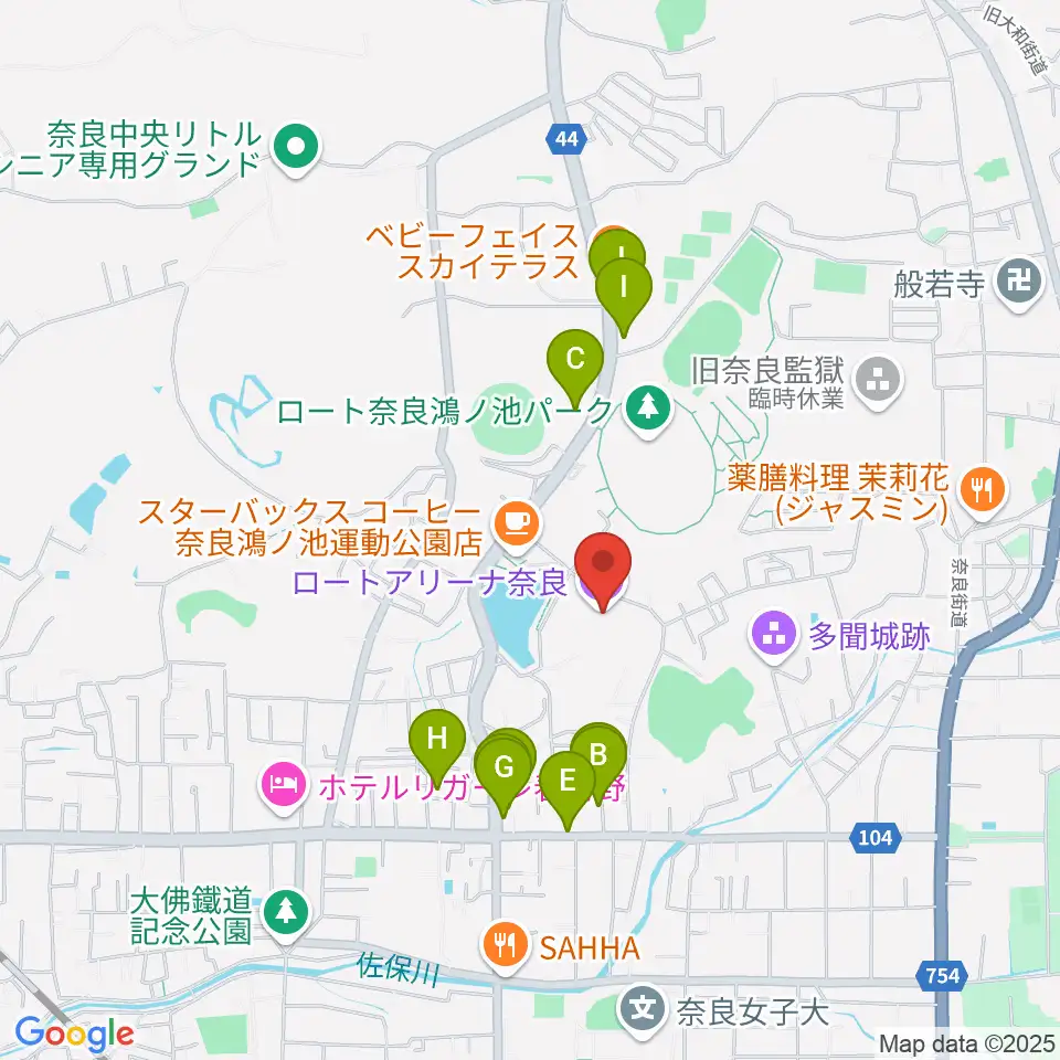 ロートアリーナ奈良周辺のファミレス・ファーストフード一覧地図