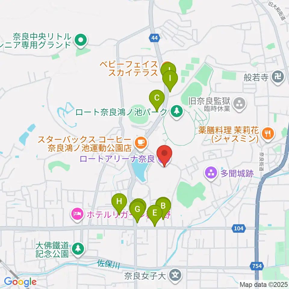 ロートアリーナ奈良周辺のファミレス・ファーストフード一覧地図