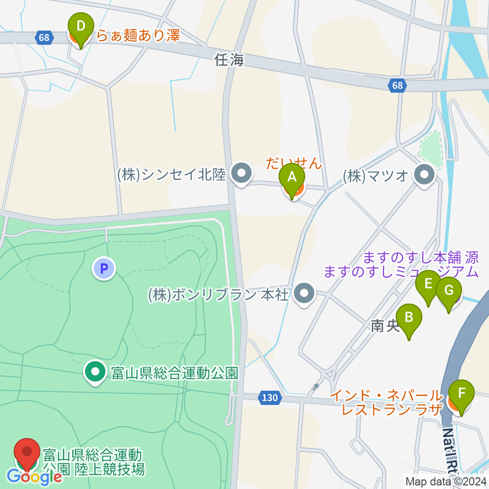 富山県総合運動公園陸上競技場周辺のファミレス・ファーストフード一覧地図