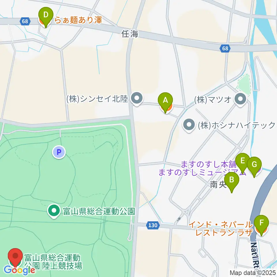 富山県総合運動公園陸上競技場周辺のファミレス・ファーストフード一覧地図