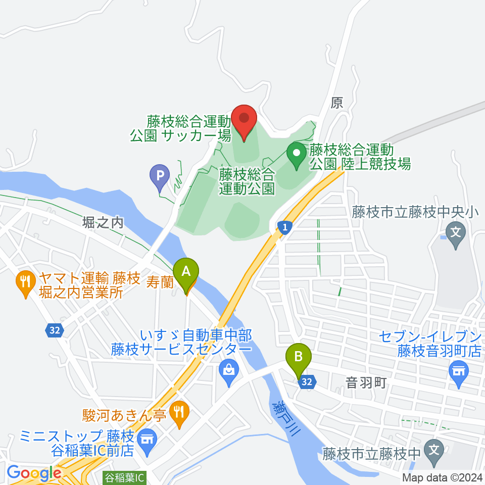 藤枝総合運動公園サッカー場周辺のファミレス・ファーストフード一覧地図