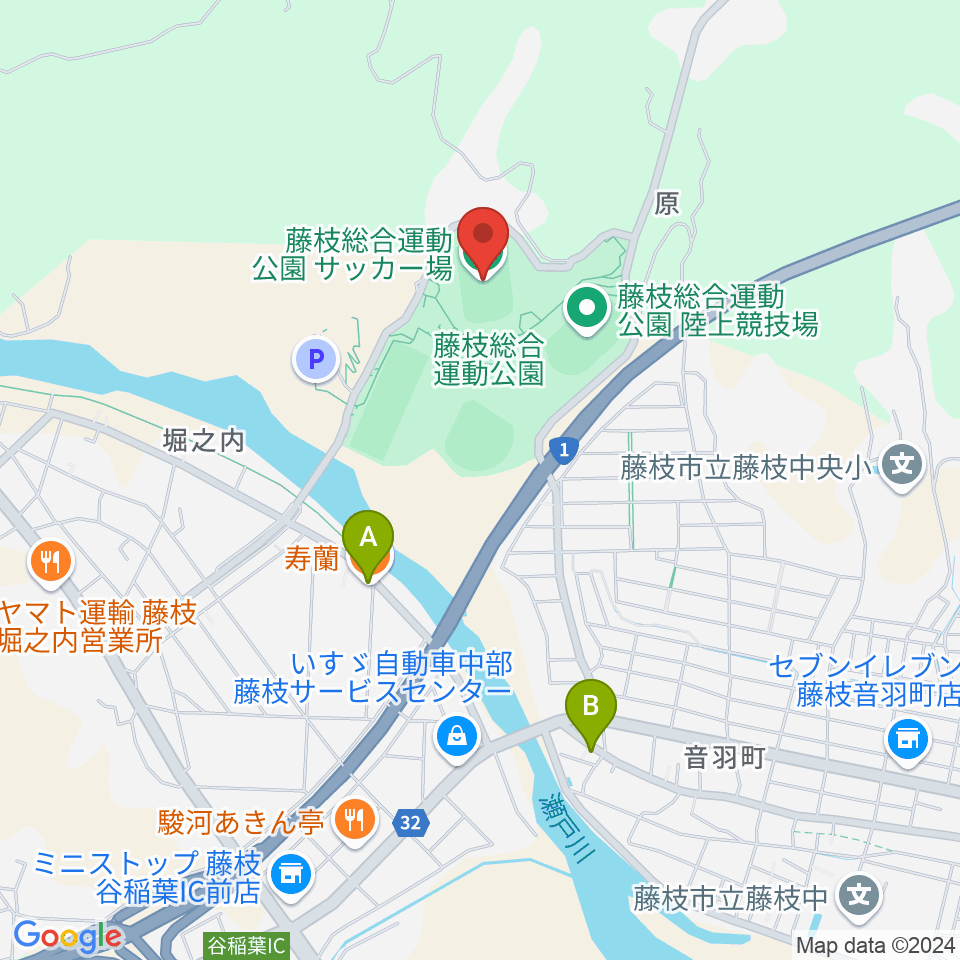 藤枝総合運動公園サッカー場周辺のファミレス・ファーストフード一覧地図