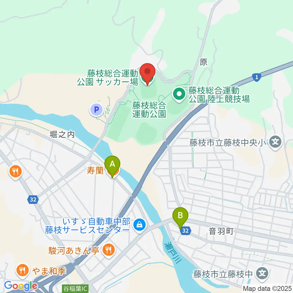 藤枝総合運動公園サッカー場周辺のファミレス・ファーストフード一覧地図