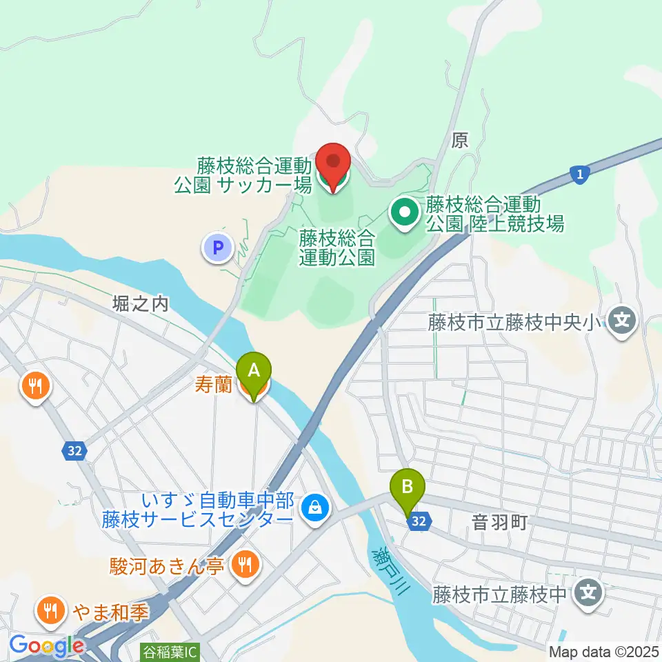 藤枝総合運動公園サッカー場周辺のファミレス・ファーストフード一覧地図