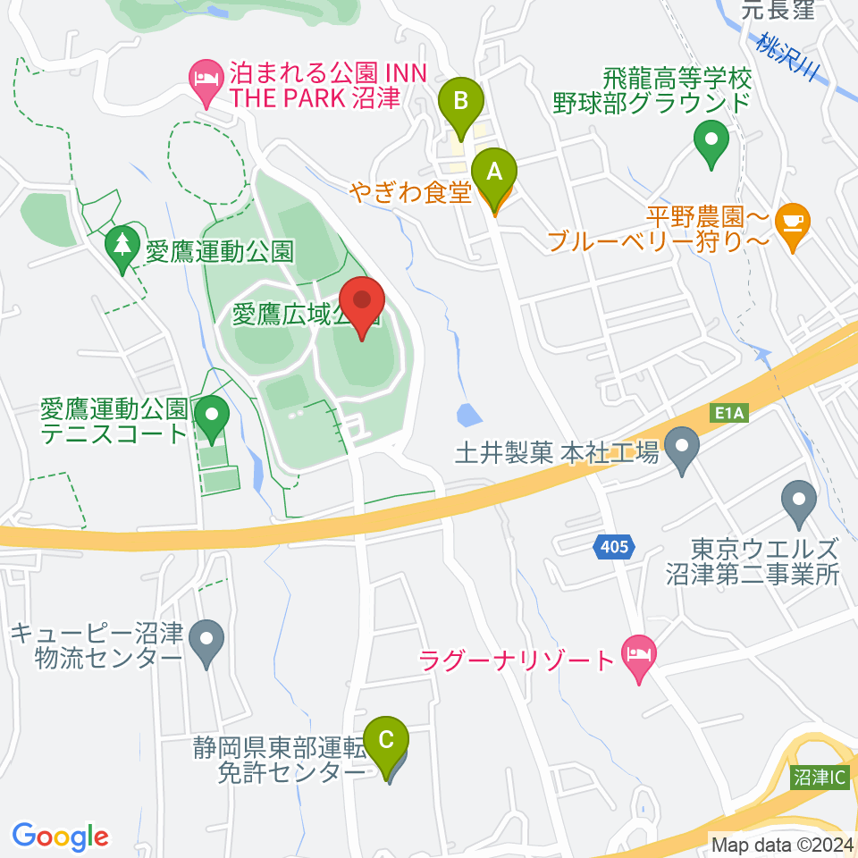 愛鷹広域公園多目的競技場周辺のファミレス・ファーストフード一覧地図