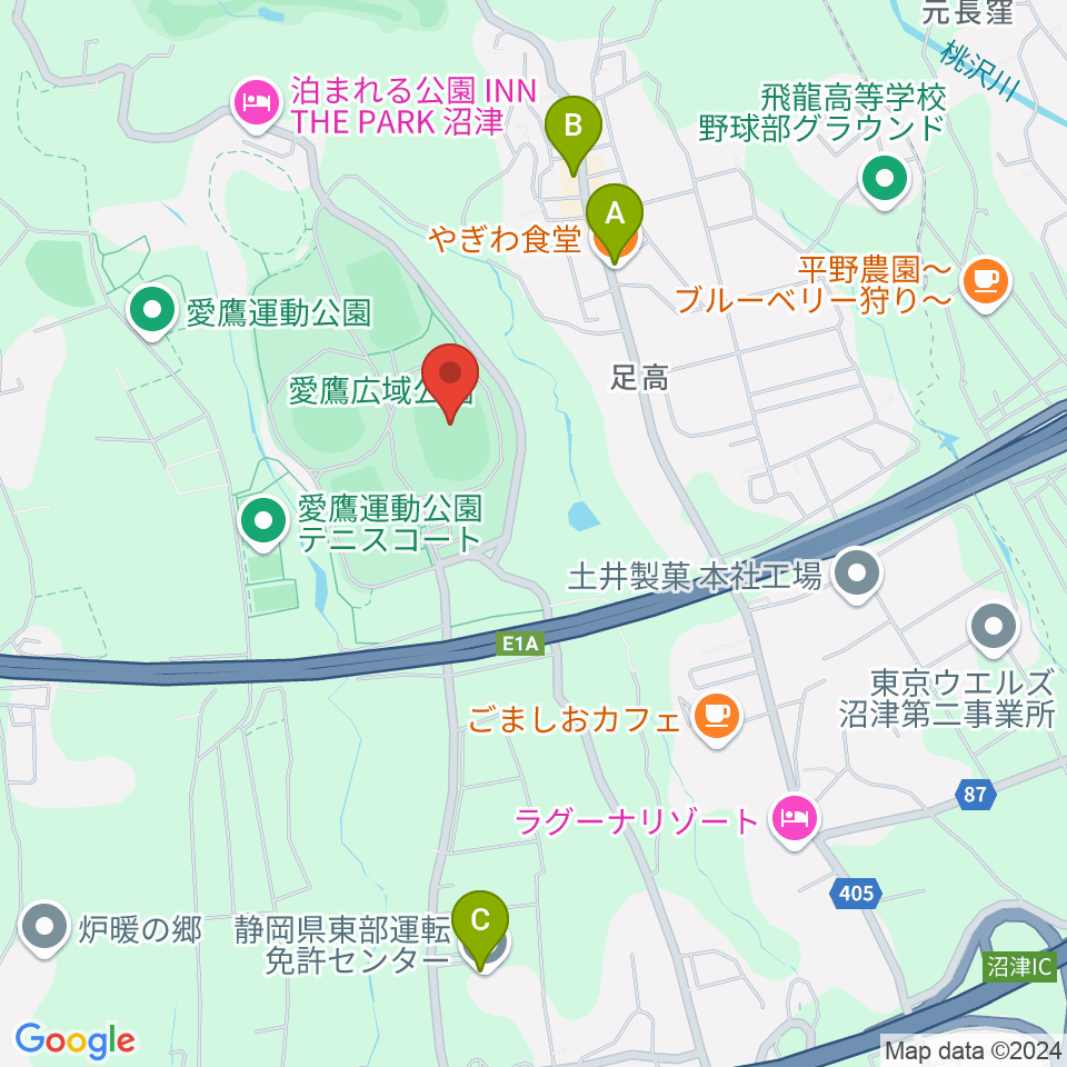 愛鷹広域公園多目的競技場周辺のファミレス・ファーストフード一覧地図