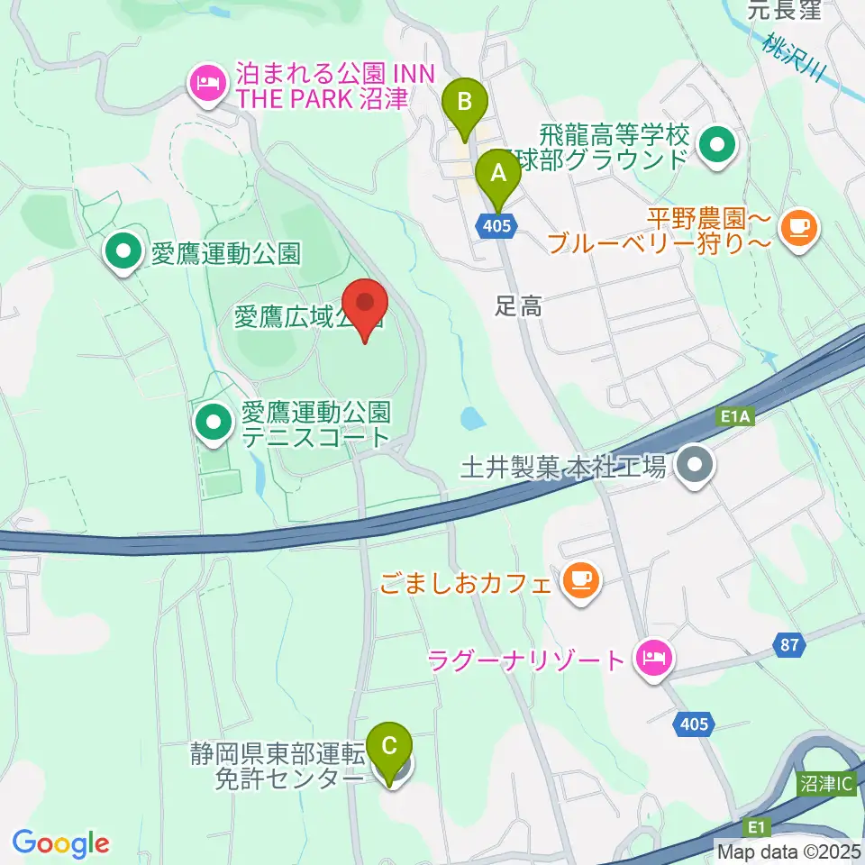 愛鷹広域公園多目的競技場周辺のファミレス・ファーストフード一覧地図