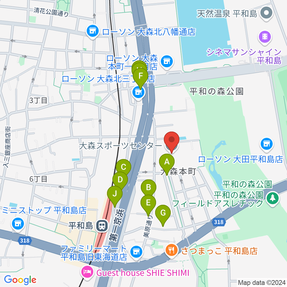 大森スポーツセンター周辺のファミレス・ファーストフード一覧地図