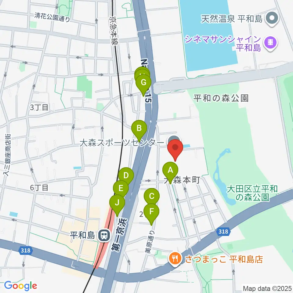 大森スポーツセンター周辺のファミレス・ファーストフード一覧地図