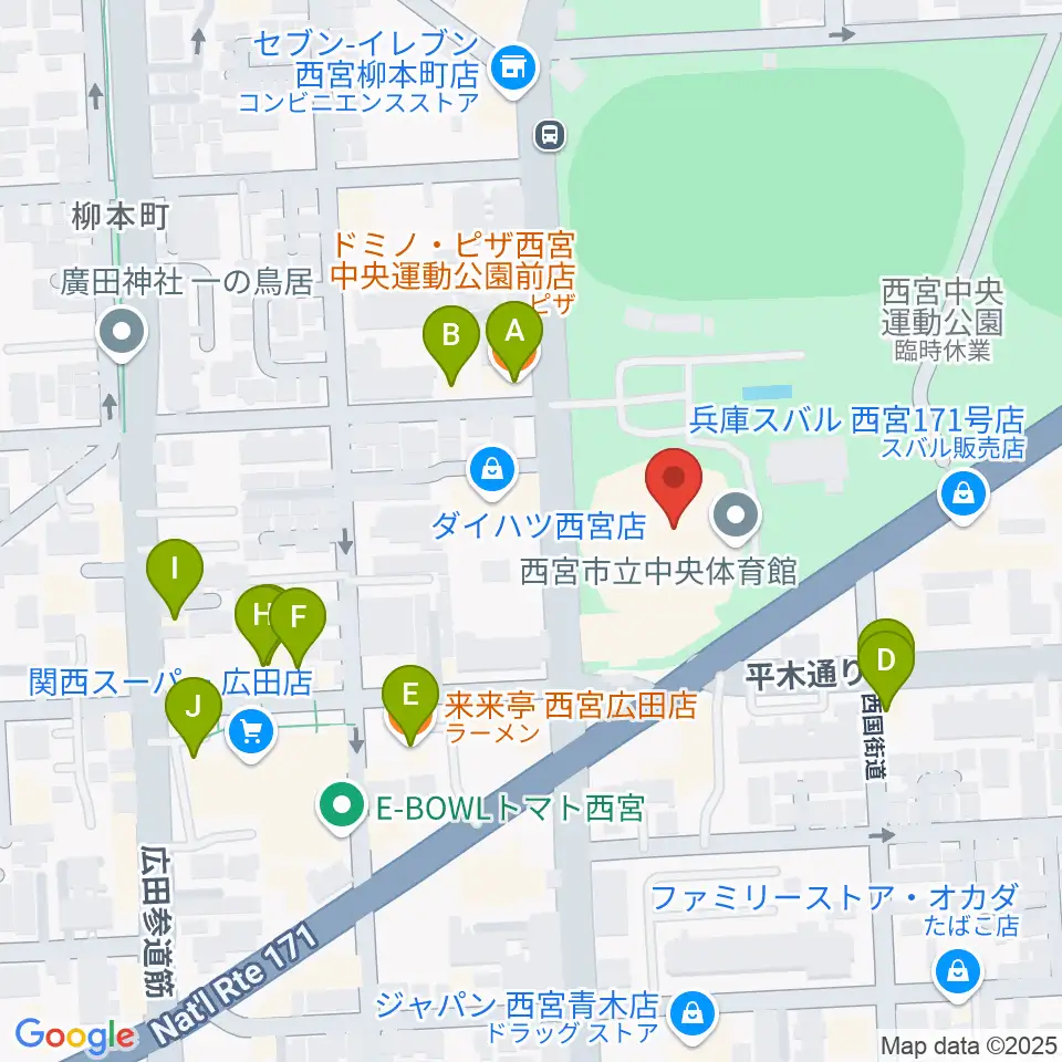 西宮市立中央体育館周辺のファミレス・ファーストフード一覧地図