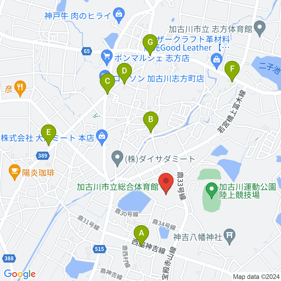 加古川市立総合体育館周辺のファミレス・ファーストフード一覧地図