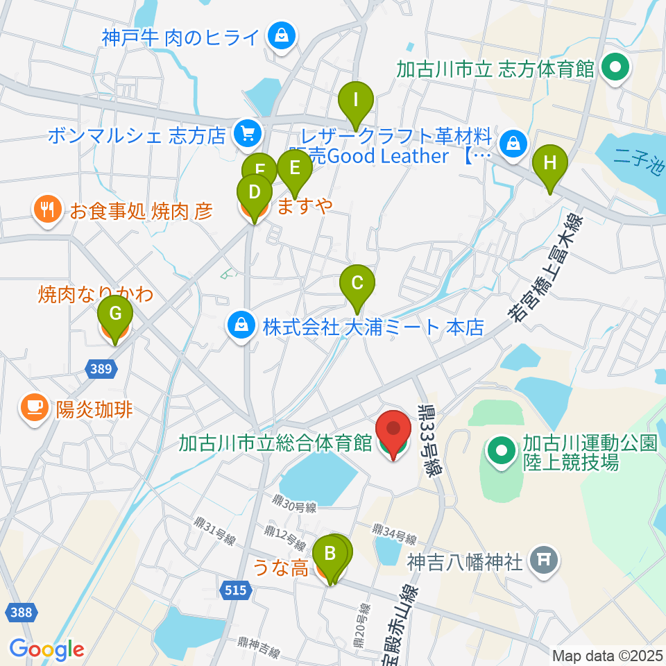 加古川市立総合体育館周辺のファミレス・ファーストフード一覧地図