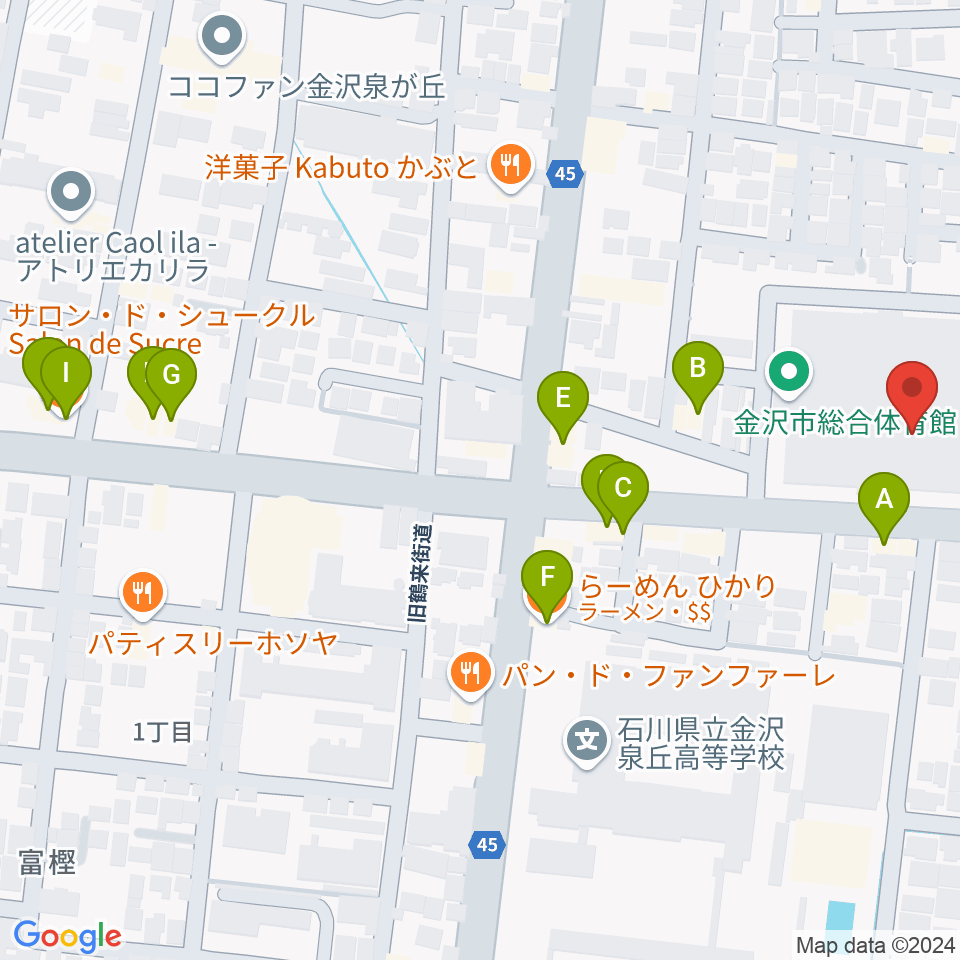 金沢市総合体育館周辺のファミレス・ファーストフード一覧地図