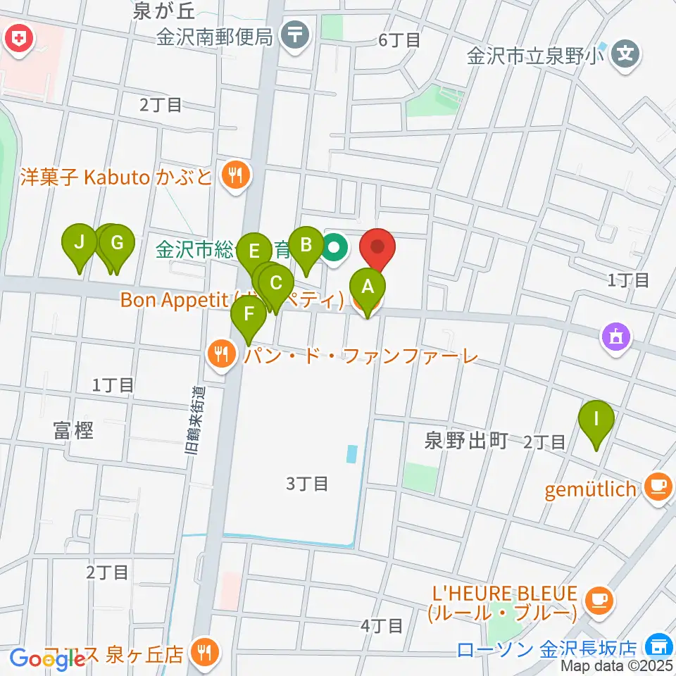 金沢市総合体育館周辺のファミレス・ファーストフード一覧地図