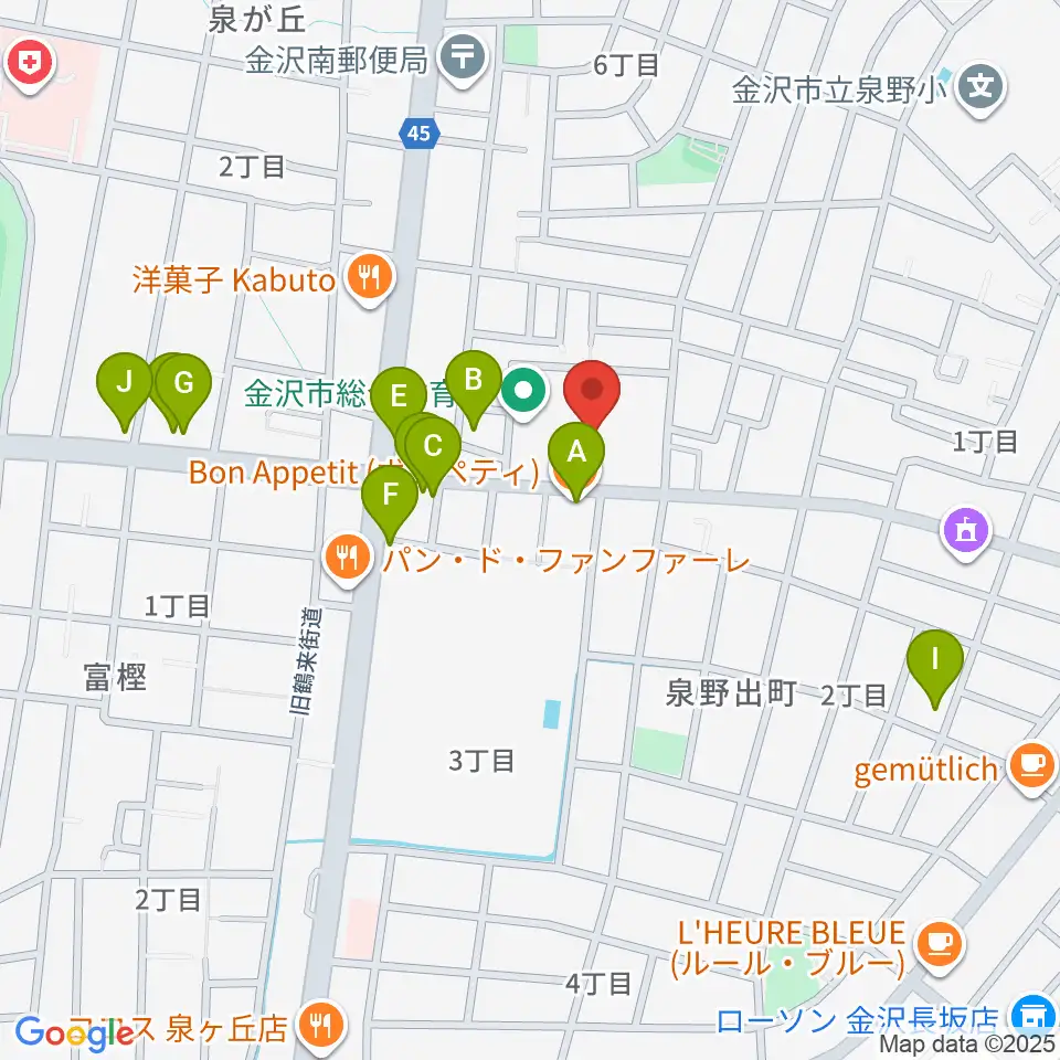 金沢市総合体育館周辺のファミレス・ファーストフード一覧地図
