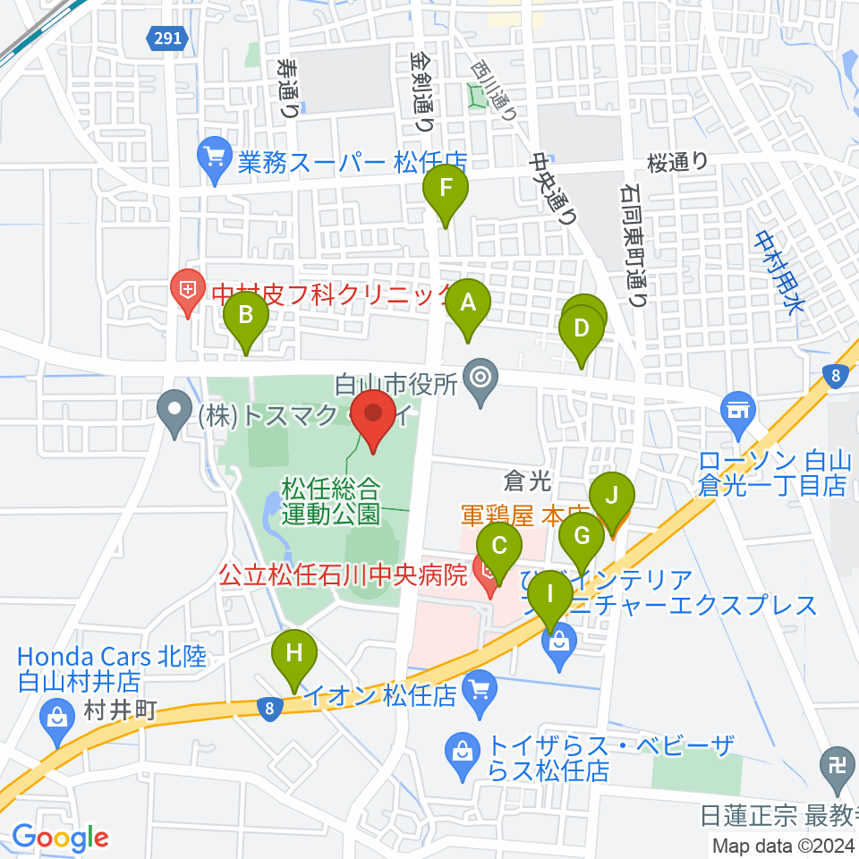 松任総合運動公園体育館周辺のファミレス・ファーストフード一覧地図