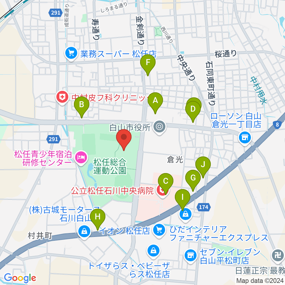 松任総合運動公園体育館周辺のファミレス・ファーストフード一覧地図