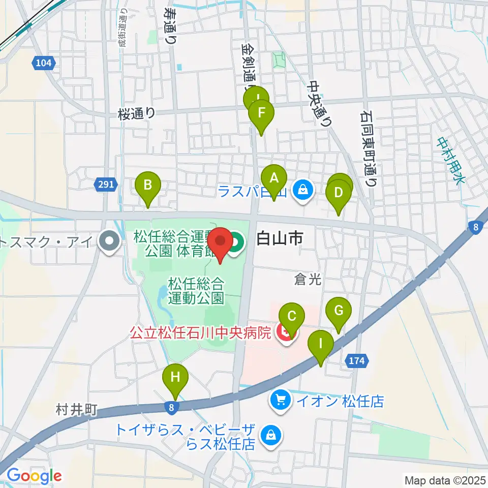 松任総合運動公園体育館周辺のファミレス・ファーストフード一覧地図