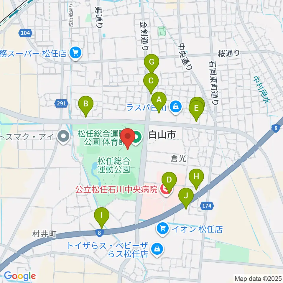 松任総合運動公園体育館周辺のファミレス・ファーストフード一覧地図