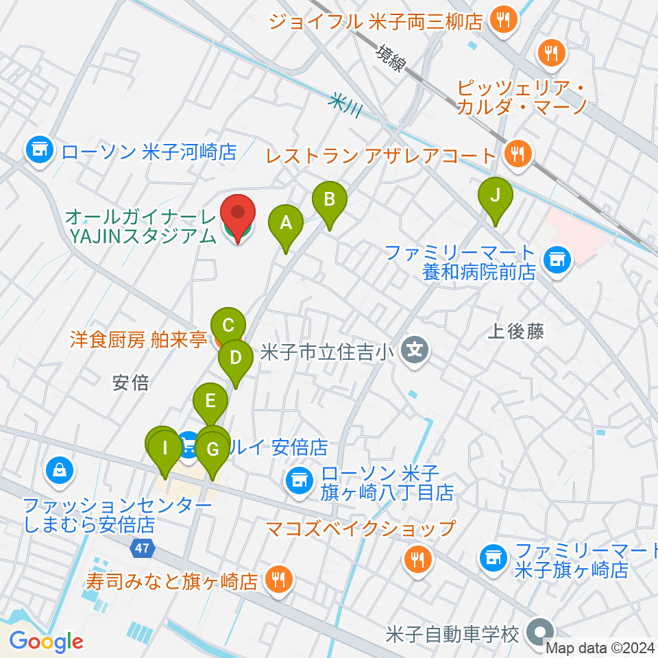 オールガイナーレYAJINスタジアム周辺のファミレス・ファーストフード一覧地図