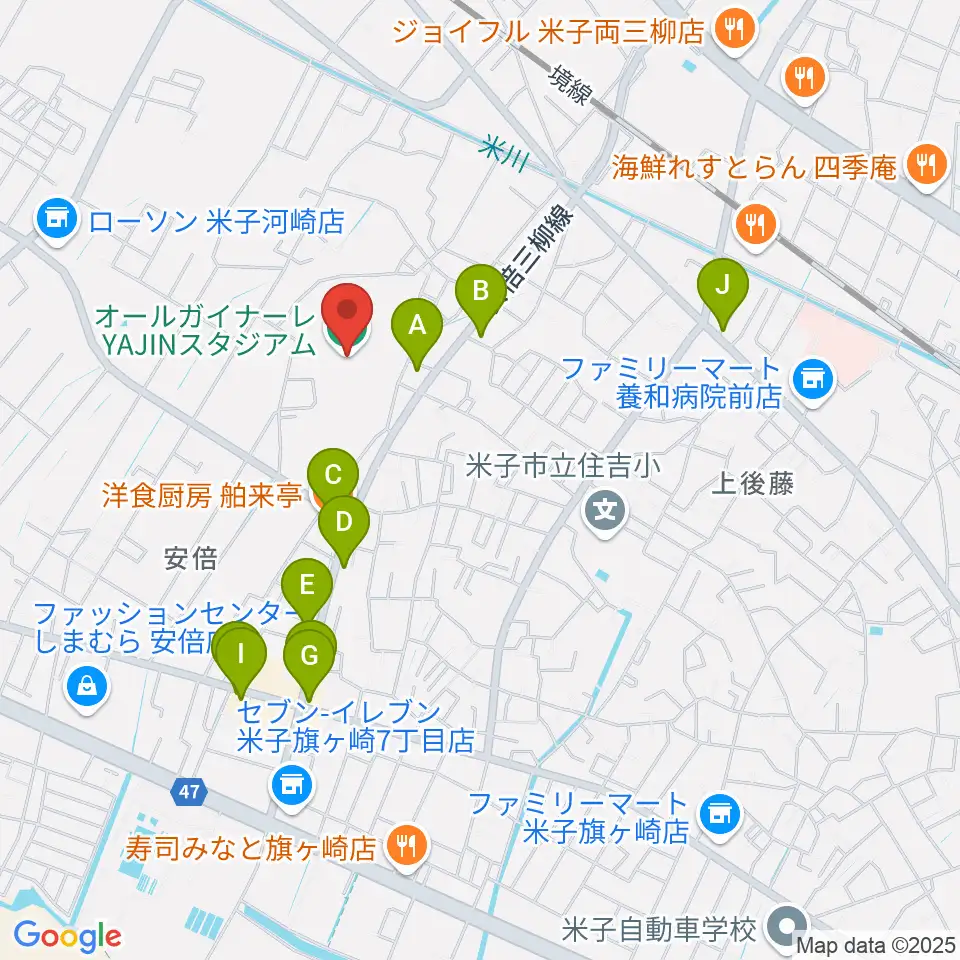 オールガイナーレYAJINスタジアム周辺のファミレス・ファーストフード一覧地図