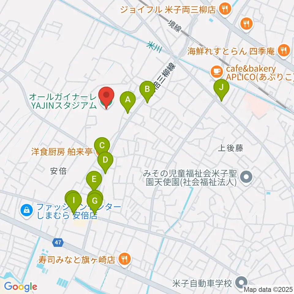 オールガイナーレYAJINスタジアム周辺のファミレス・ファーストフード一覧地図