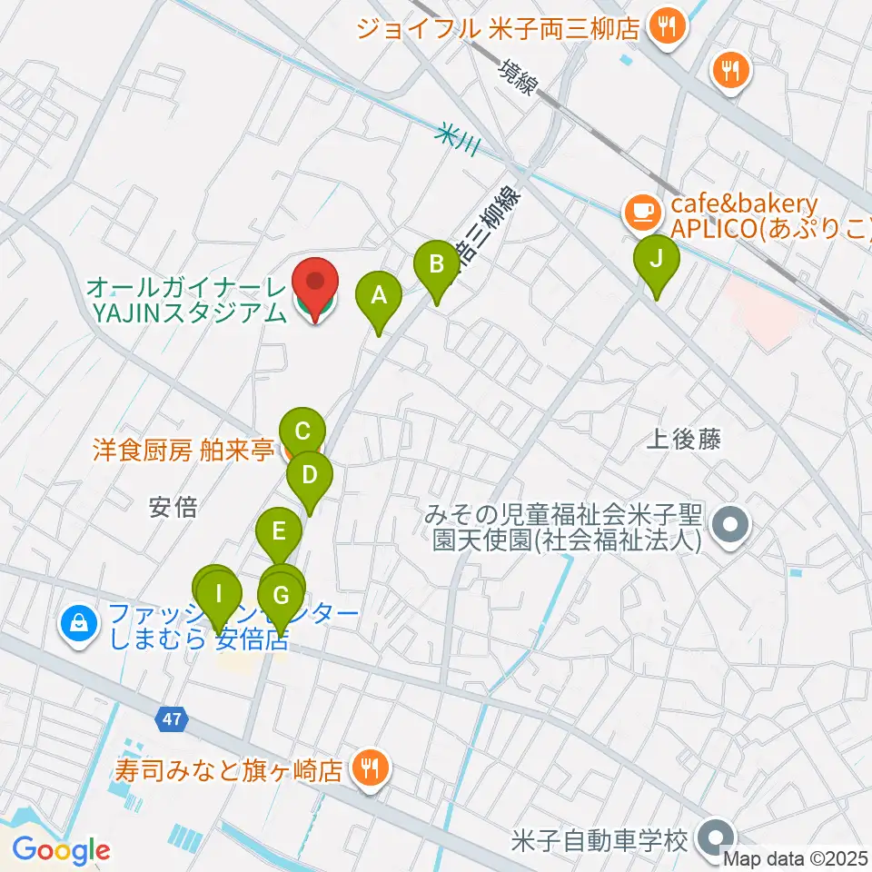 オールガイナーレYAJINスタジアム周辺のファミレス・ファーストフード一覧地図