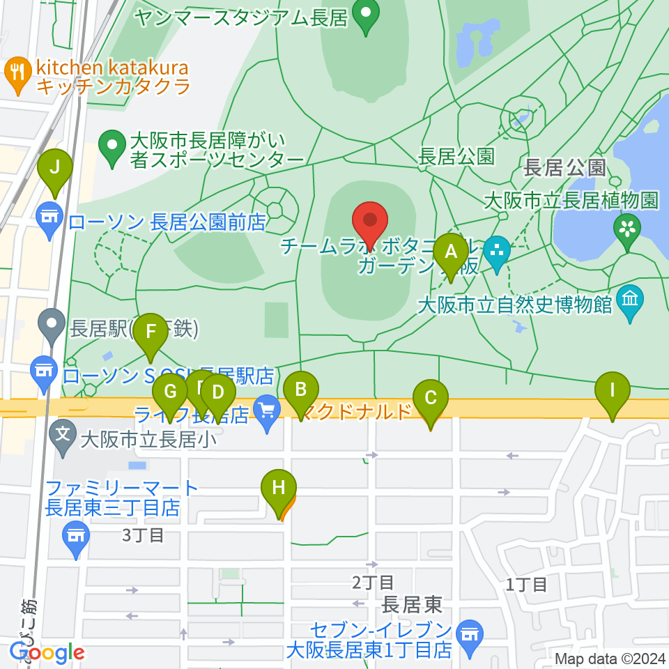 ヤンマーフィールド長居周辺のファミレス・ファーストフード一覧地図