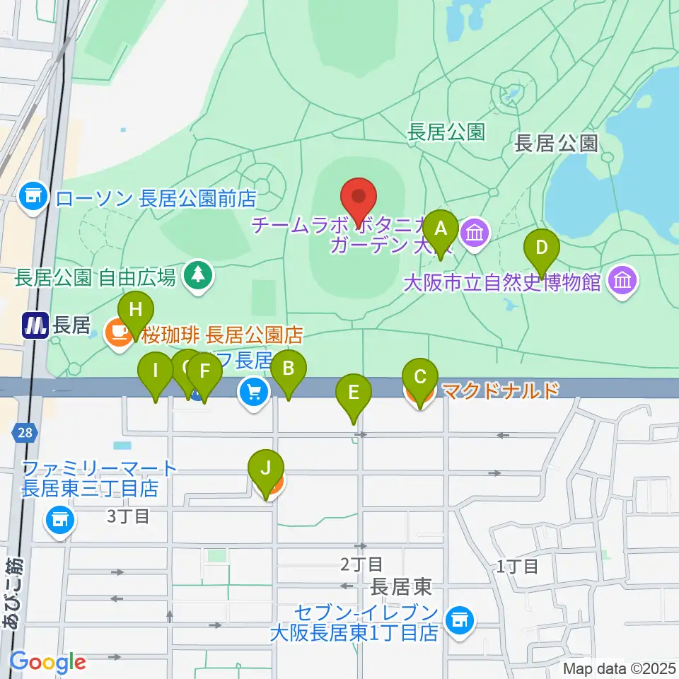 ヤンマーフィールド長居周辺のファミレス・ファーストフード一覧地図