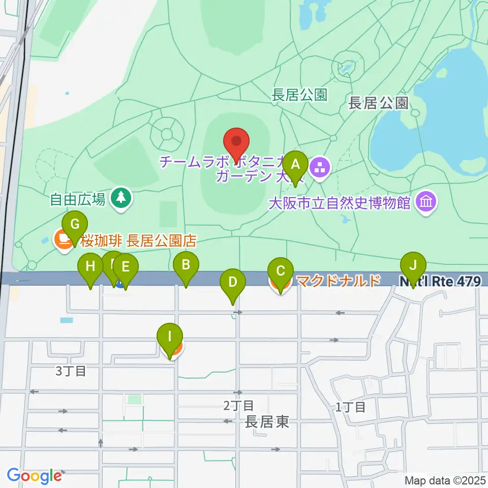 ヤンマーフィールド長居周辺のファミレス・ファーストフード一覧地図