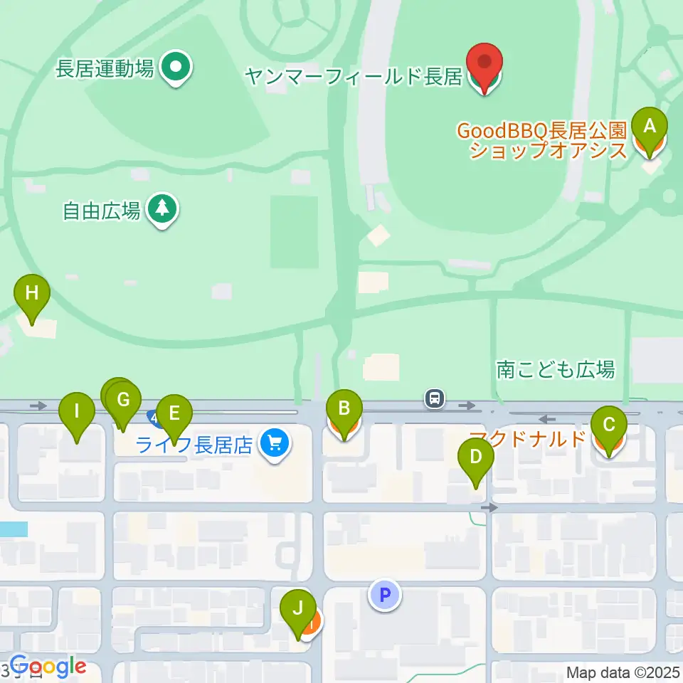 ヤンマーフィールド長居周辺のファミレス・ファーストフード一覧地図