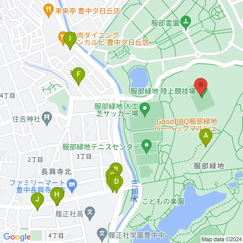 服部緑地陸上競技場周辺のファミレス・ファーストフード一覧地図