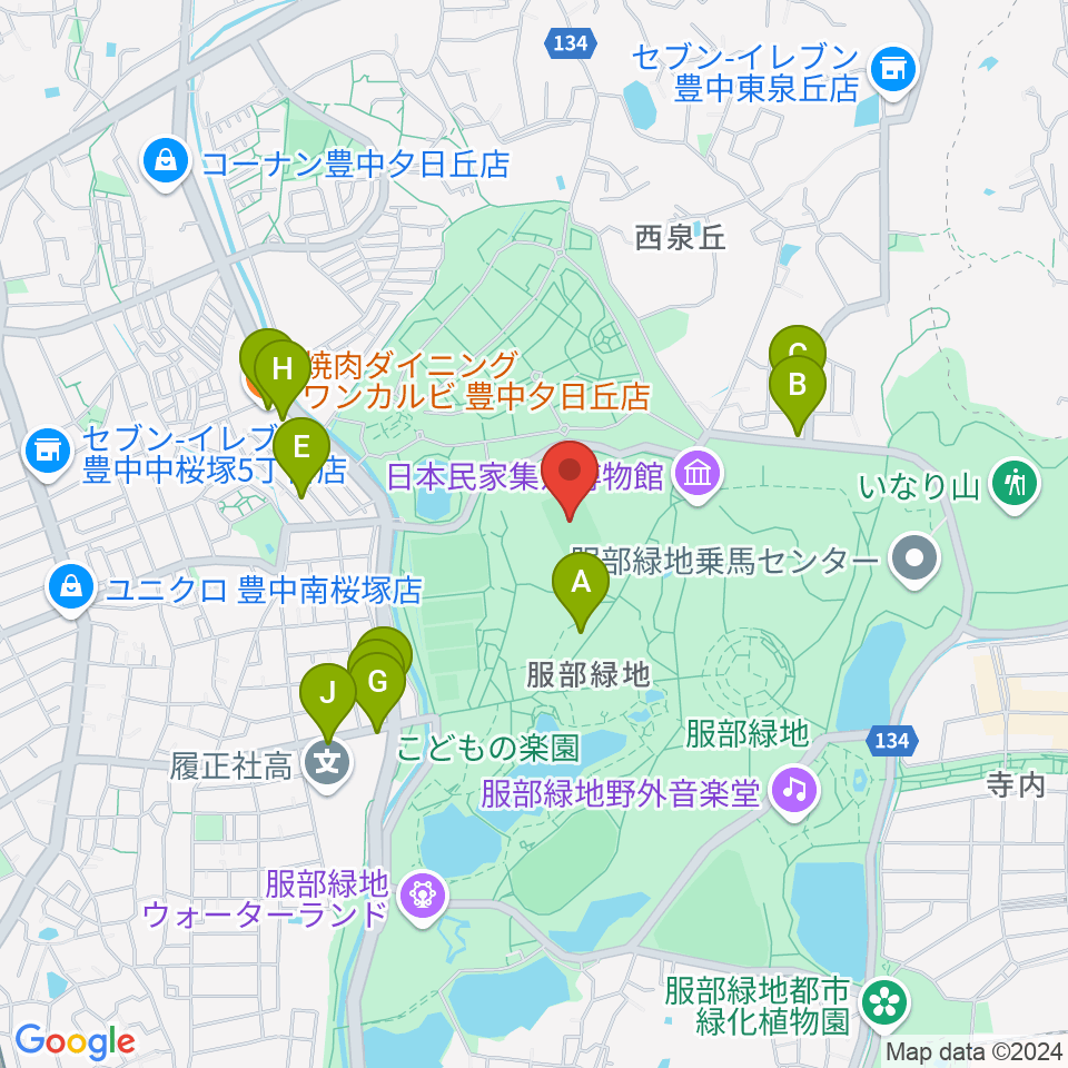 服部緑地陸上競技場周辺のファミレス・ファーストフード一覧地図