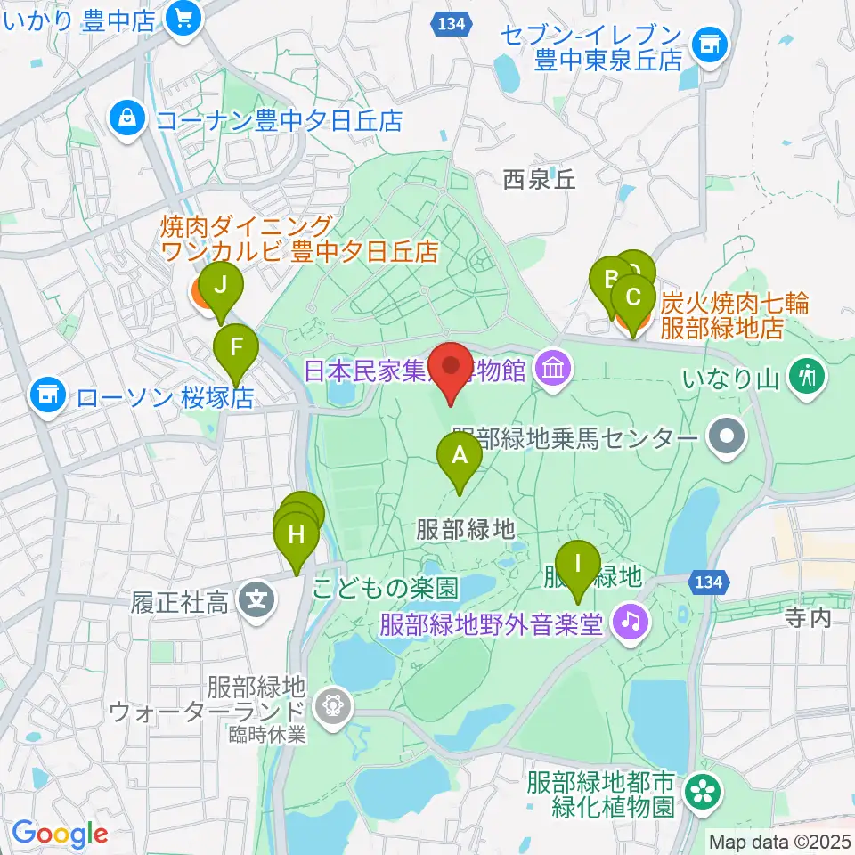 服部緑地陸上競技場周辺のファミレス・ファーストフード一覧地図